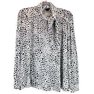 Ann Taylor Modal Blouse White Black Grey Spotted Tie Neck Long Sleeves Sz S